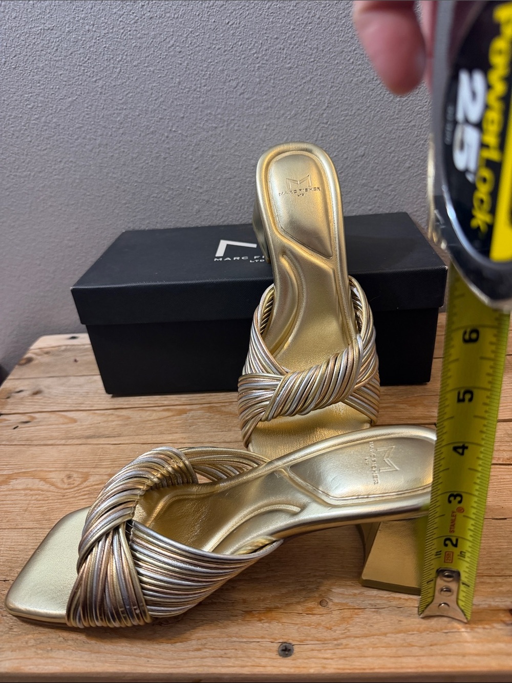 Marc Fisher Metallic Gold Twisted Strap Block Heel Sandals